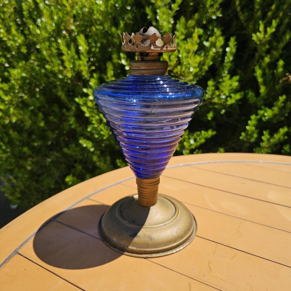 Vintage Art Deco Cobalt Blue Beehive Glass Oil Lamp